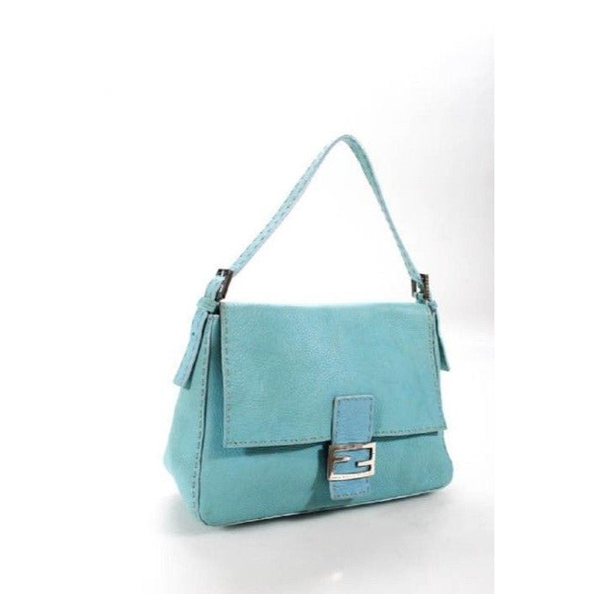 Fendi Light Turquoise Blue Leather Mamma Selleria Purse With Taupe Contrast Stitching & Chrome Hardware