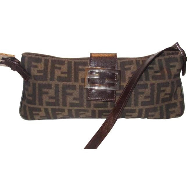 Fendi Baguette Style Shouldercross Body Purse Zucco Print In Browns Canvas And Leather Shoulder Bag