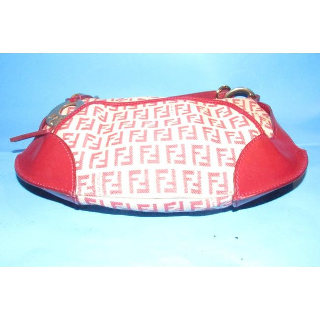 Fendi Chef Shoulder Purse Red Zucchino Print On Tan Leather And Canvas Hobo Bag