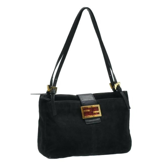 Fendi Shoulder Bag Hobo W Suedeleather V Shaped Style Clasp Black Suedered Enamel Ff Leather Satchel