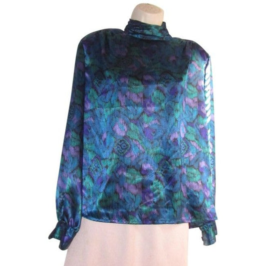 Notations Teal Green Purple And Black Peacock Print Silky Polyester Vintage Secretary Top