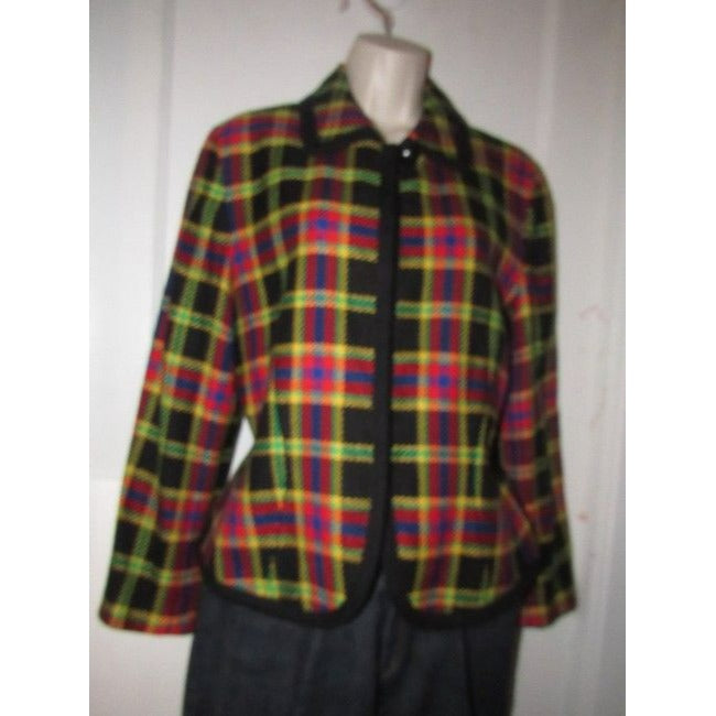 Emanuel Ungaro Black Wool With Red Yellow Blue And Green Window Pane Plaid Blazer