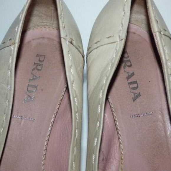 Prada Ivory Squared Pointy Toe Kitten Heel with Chrome  Chain