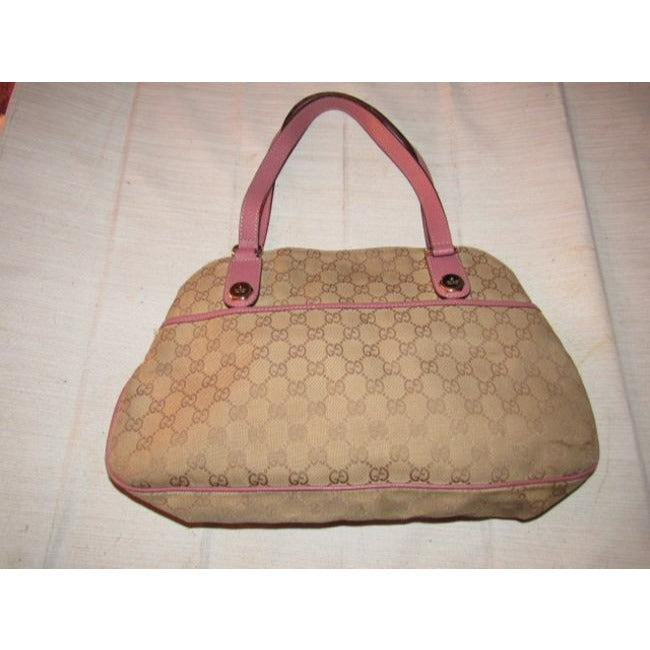 Gucci Vintage Brown Large Logo Print Canvas And Pink Leather