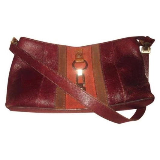 Etienne Aigner, vintage, ox blood leather & red & brown suede patchwork purse with chrome horse-bit accent
