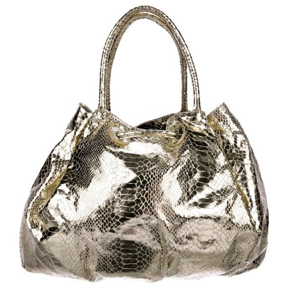 Metallic gold embossed leather Carlos Falchi Fatto A Mano satchel with silver-tone hardware & a removable strap