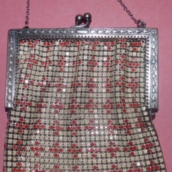 Whiting & Davis Vintage Art Deco Sterling Mesh with Red and Cream Designer Purse