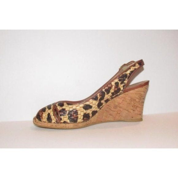 Stuart Weitzman Leopard Leather Cork Wedge Sandals