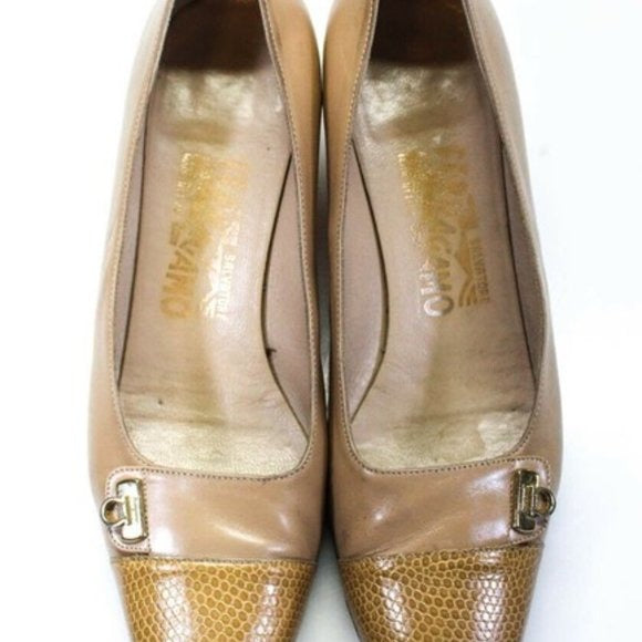 Salvatore Ferragamo Camel Leather Heels Pumps with Chrome Gancini Accent