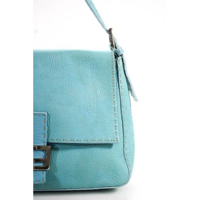 Fendi Light Turquoise Blue Leather Mamma Selleria Purse With Taupe Contrast Stitching & Chrome Hardware