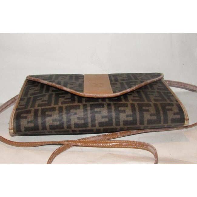 Fendi Clutch Zucca Print Two Way Style Cross Bodyshoulder Purse Or Brown Large F Logo Coated Canvas