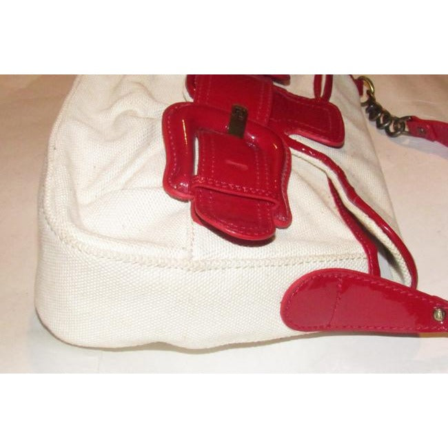 Fendi B Buckle Purses Ivory Canvas And Red Patent Leather Shoulder Bag