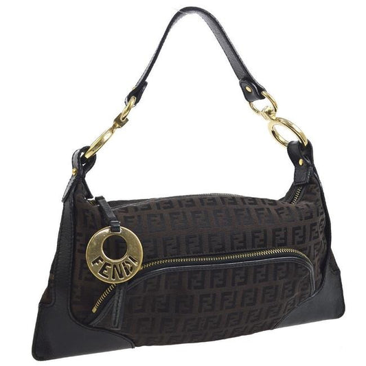 Fendi Chef Medium Sized Shoulder Purse Black Zucchino Or Small F Logo Print On Brown Canvas And Blac