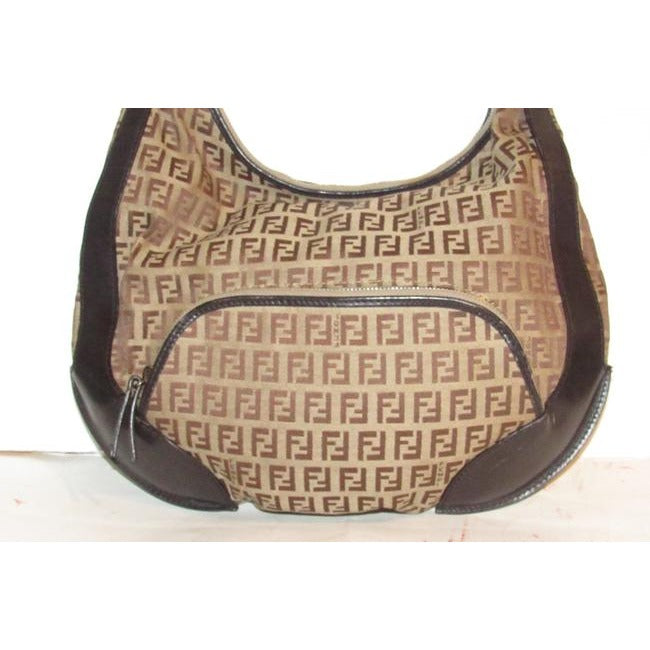 Fendi Chef Shoulder Purse Brown Zucchino Or Small F Logo Print Light Brown On Canvas And Brown Leath