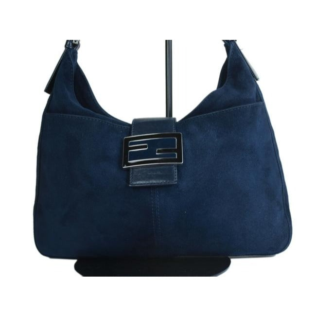 Fendi Shoulder Bag Hobo W Suedeleather V Shaped Style Clasp Blue Suedeblack Enamel Ff And Leather Sa