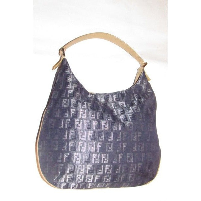 Fendi Style Shoulder Purse Zucchino Or Small F Logo Print Canvas In Shades Of Blues And Grey And Cam