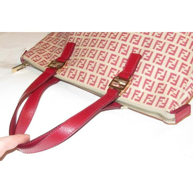 Fendi Top Handle Style Purse Red Zucchino Print On Tan Canvas And Leather Satchel