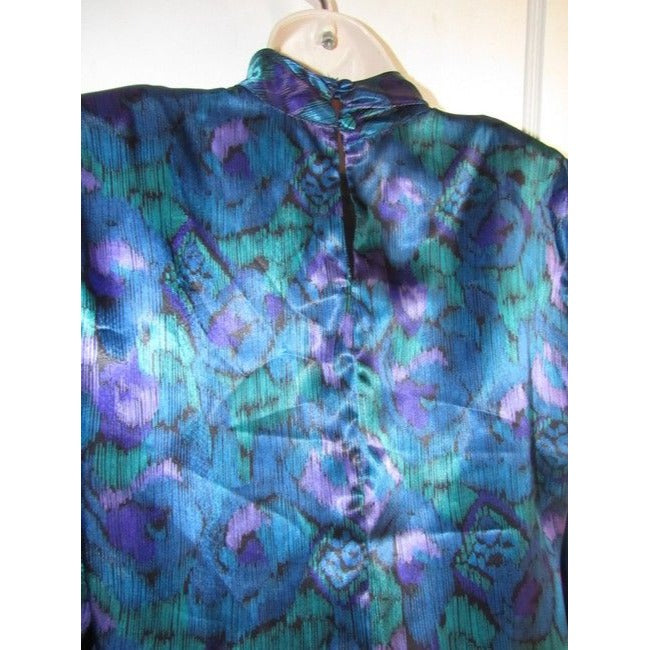 Notations Teal Green Purple And Black Peacock Print Silky Polyester Vintage Secretary Top