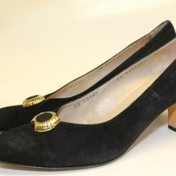 Salvatore Ferragamo black suede kitten Heels with round, scalloped gold and enamel, buckle accents!