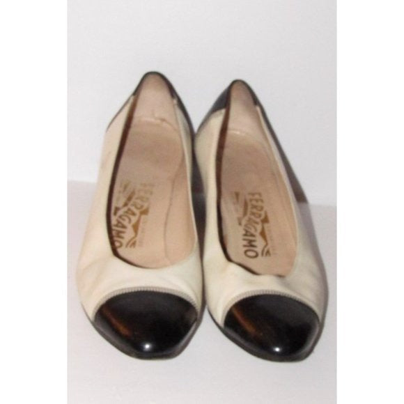 Ferragamo Ivory and Black Color Spectator Block Pumps