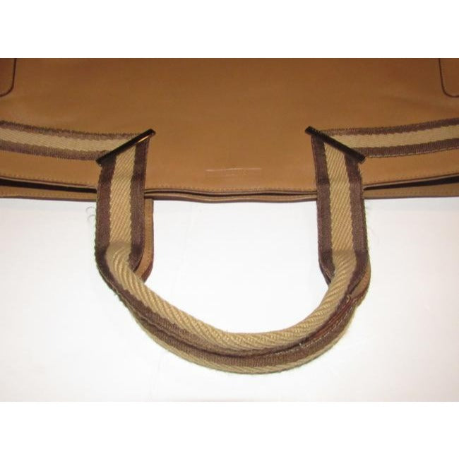 Gucci Vintage Tan Leather With Tan And Brown Striped Accents Fabric Handles