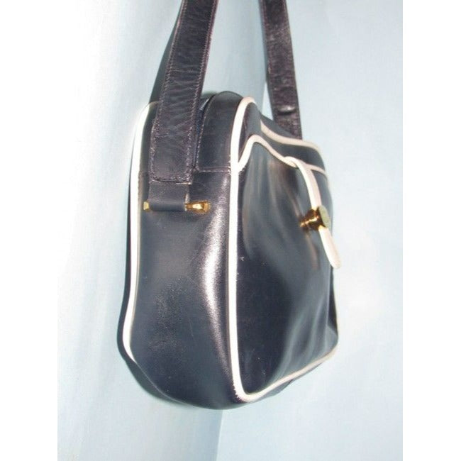 Gucci Vintage Navy Blue Leather With White Piping Shoulder Bag