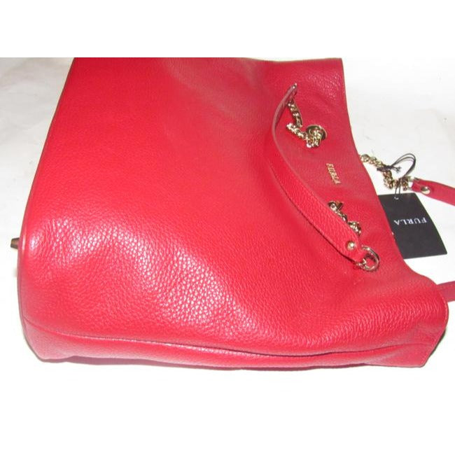 NWT, Furla, 'St. Alice', true red leather satchel with two gold chain & red leather straps, a footed bottom, and multiple compartments & pockets