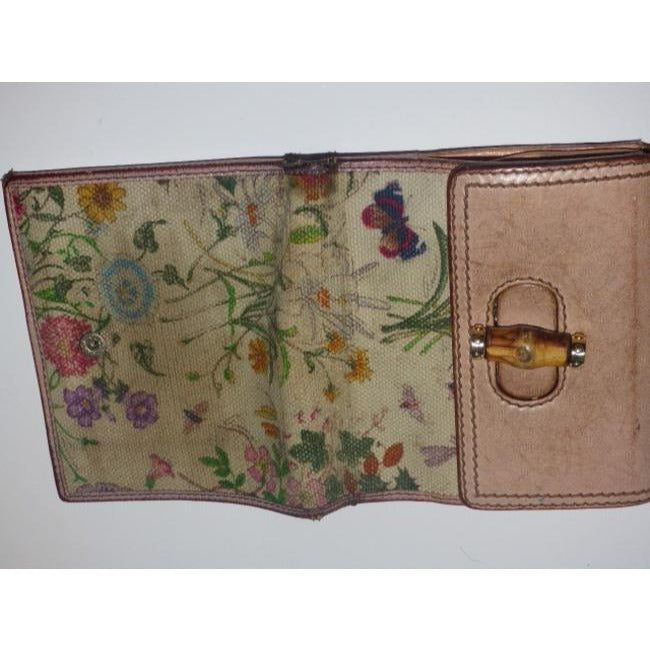 Gucci Floral Print Pink Leather Bamboo Line Wallet