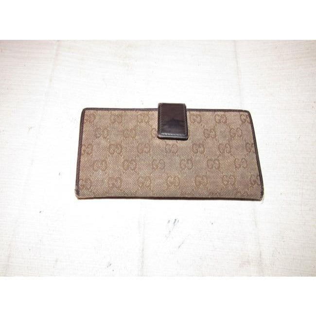 Gucci Brown Large G Logo Print Canvas And Brown Leather Vintage Wallet