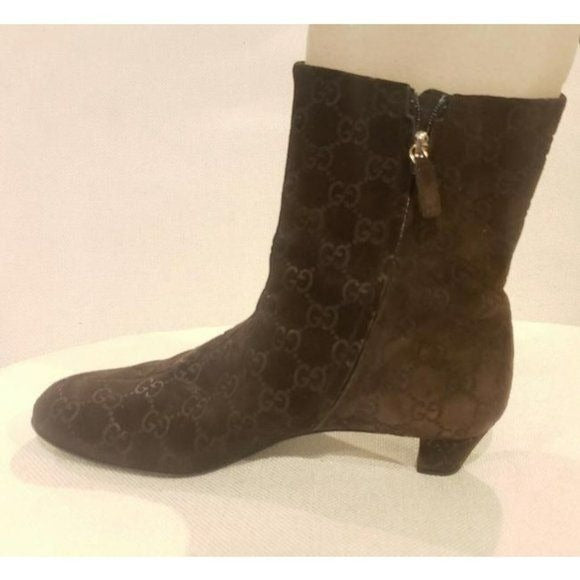 Gucci Buttery Soft Chocolate Brown GG Embossed Suede Leather Boots