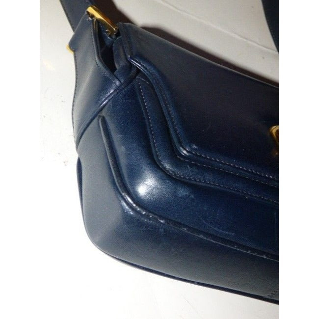 Gucci, RARE, bohemian/mod, navy blue leather, envelope top, shoulder purse with bold gold 'G' twist closure