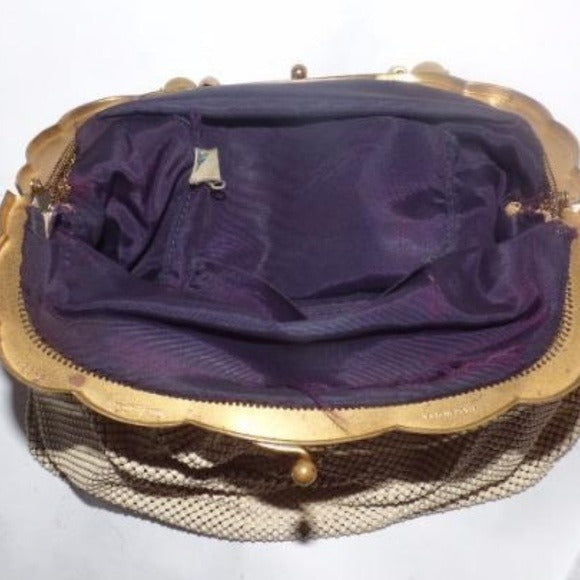 Art Deco, Whiting and Davis, cream enamel mesh purse with a carved bamboo look, translucent apple juice Bakelite handle