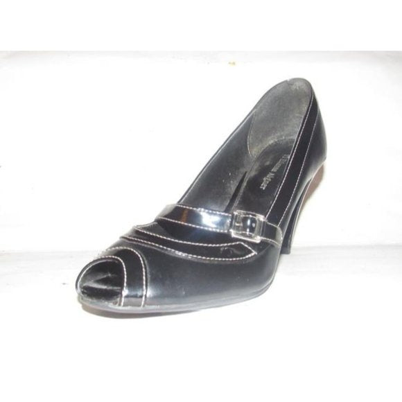 Etienne Aigner CYNTHIA Black Faux Leather & Patent open toe, 3.5" heels with a chrome buckle