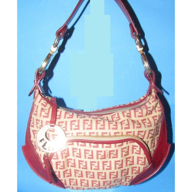 Fendi Chef Shoulder Purse Red Zucchino Print On Tan Leather And Canvas Hobo Bag