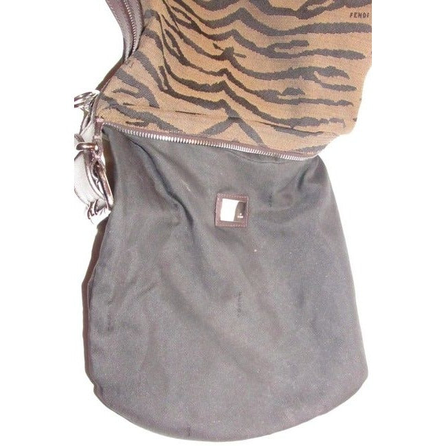 Fendi Large Oyster Style Shoulder Purse Brown And Black Tiger Print Canvas And Brown Leather Leather