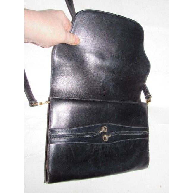 Gucci Two Way Glossy Blackhorsebit Accents Leather Shoulder Bag