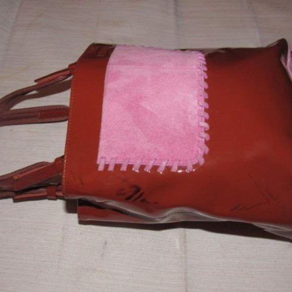 Prada Vintage Red Patent Leather And Pink Suede Petite Whipstitched Tote Bag