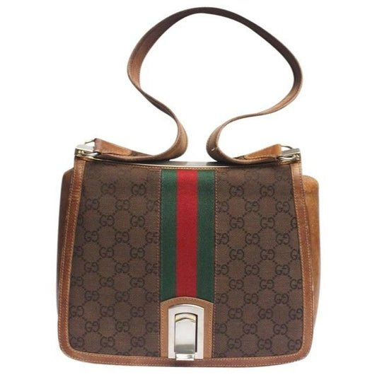 Gucci Brown Guccissima Print Saddle Bag w Red & Green Stripe