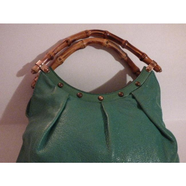 Gucci Vintage Teal Green Leather With Bamboo Handles Tote