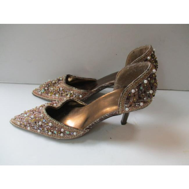 Mps Shoes Gold Champagne Pointed Toe Beaded Sequin Pumps Size Us