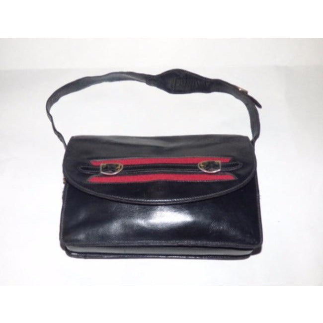 Gucci, black, glossy leather, large, multiple compartment, envelope top, shoulder bag with inlaid red/blue stripe and buckles & unique strap