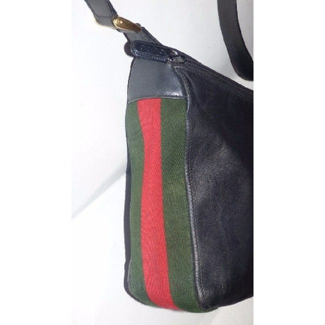 Gucci Vintage Pursesdesigner Purses Black With Redgreen Stripe Leather Hobo Bag