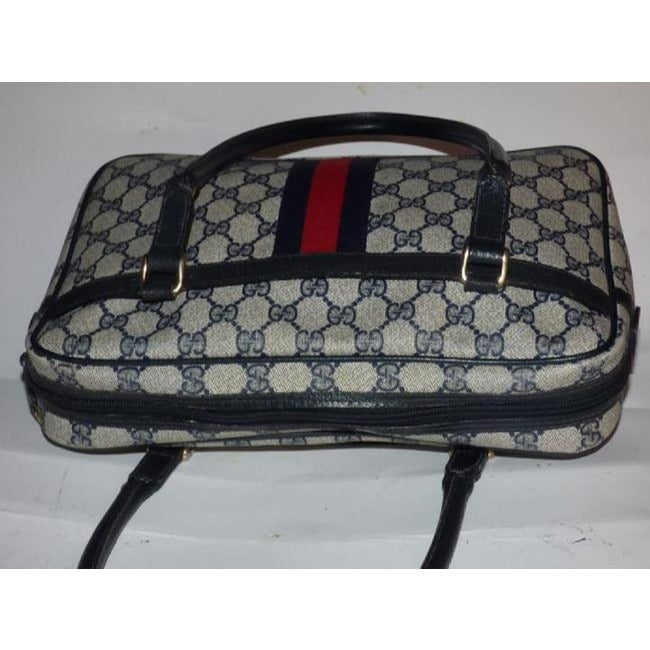 Gucci Guccissima Print Canvasleather Top Handle With Navy G Logoredblue Stripe Leathercoated Canvas