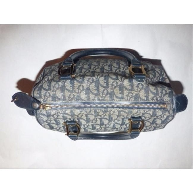 Dior Style Top Handle Blue Trotter Print Embroidered Canvas And Leather Satchel