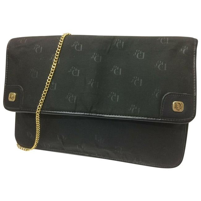 Dior Canvasleather Two Way Purse With Gold Chain Strap Black Logo Print Leather And Canvas Cross Bod