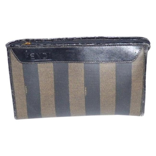 Fendi Vintage Pequin Stripe Print Coated Canvas & Dark Brown Leather Clutch