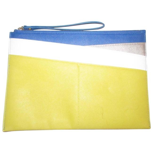 Neiman Marcus Color Block Purse Yellow Cobalt Blue Pewter And White Faux Saffiano Leather Clutch