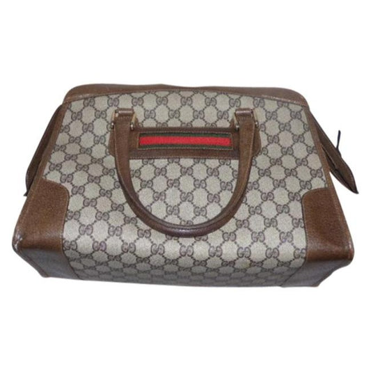 Gucci Large Logo Print Satcheldesigner Purses Shades Of Brown With Red And Green Coated Canvas And L