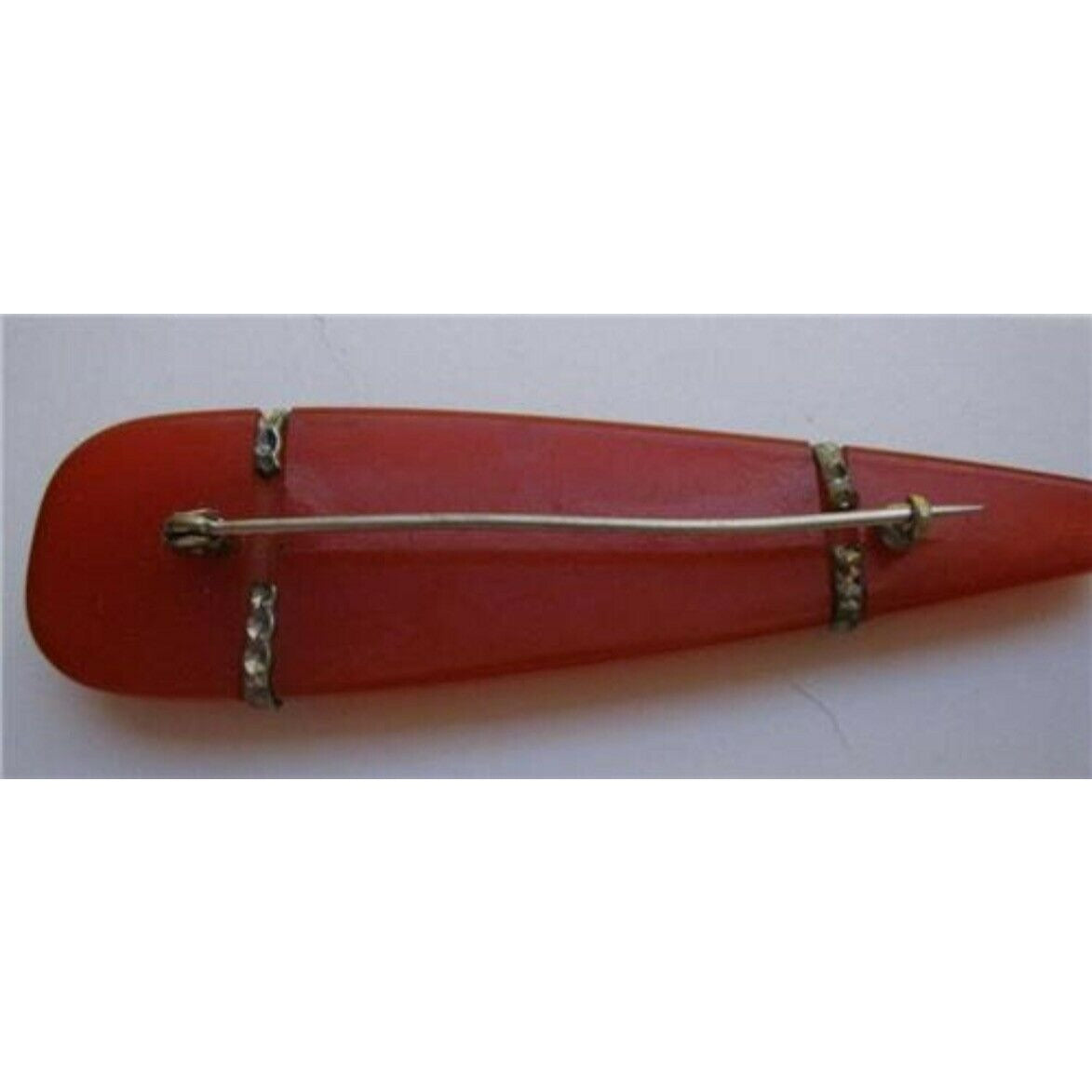 Art Deco Era Red Bakelite Stylized Elongated Teardrop Silver Metal Brooch Pin