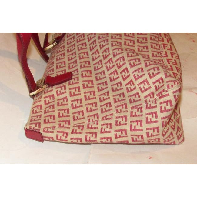 Fendi Top Handle Style Purse Red Zucchino Print On Tan Canvas And Leather Satchel